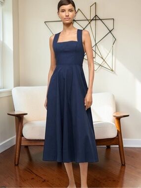 Staud Teresa Poplin Midi Dress in Navy Size 4 NWT 395